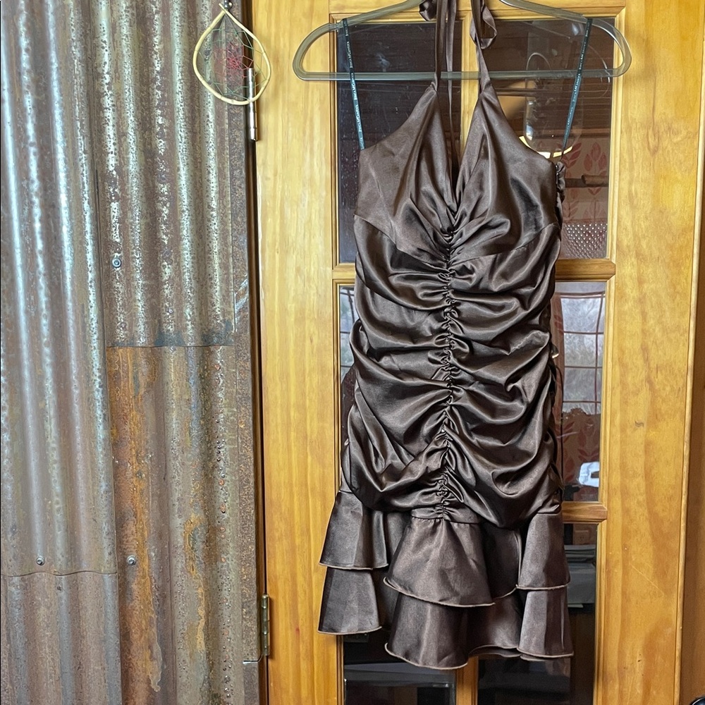 Jessica McClintock Chocolate Brown Ruched Mini Dress, Size 8
